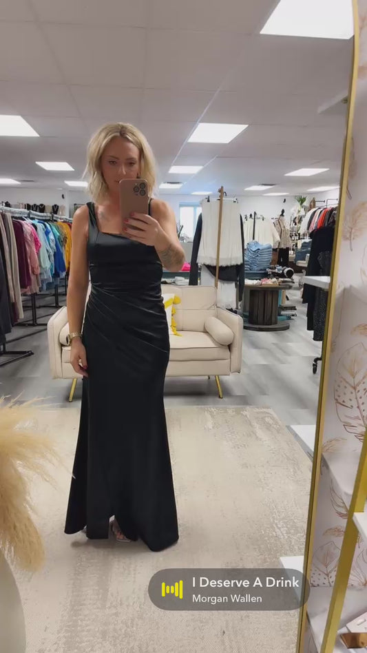 CALISTA SATIN SIDE SLIT FORMAL DRESS | BLACK