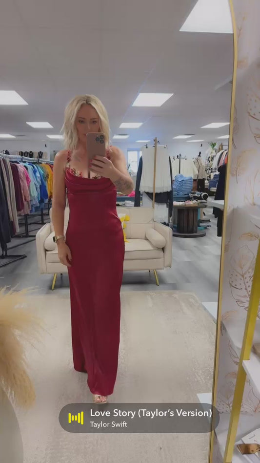 SARAH SATIN FLORAL EDGE FORMAL DRESS