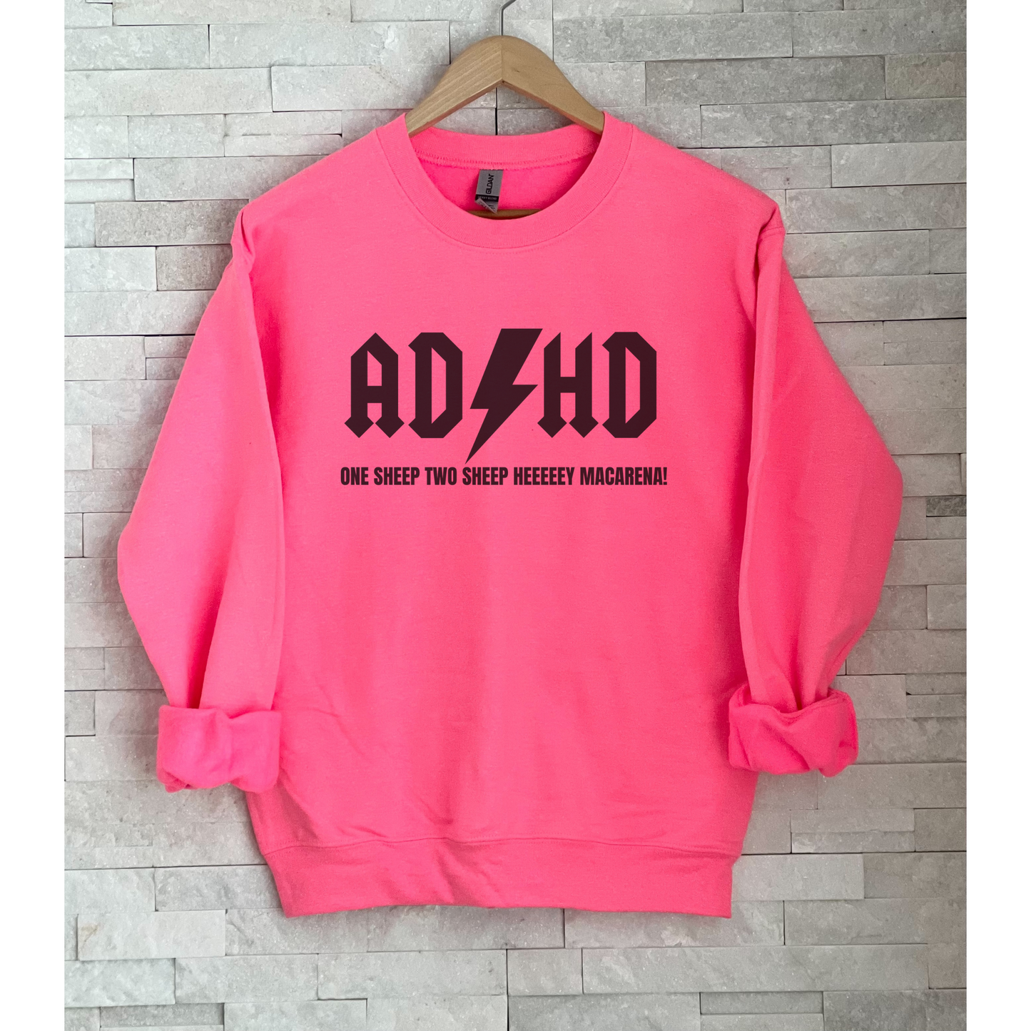 ADHD One Sheep Two Sheep Hey Macarena Crewneck Sweatshirt Hot Pink