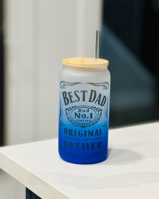 Best Dad Ombre Blue Frosted Glass Can with Bamboo Lid and Straw