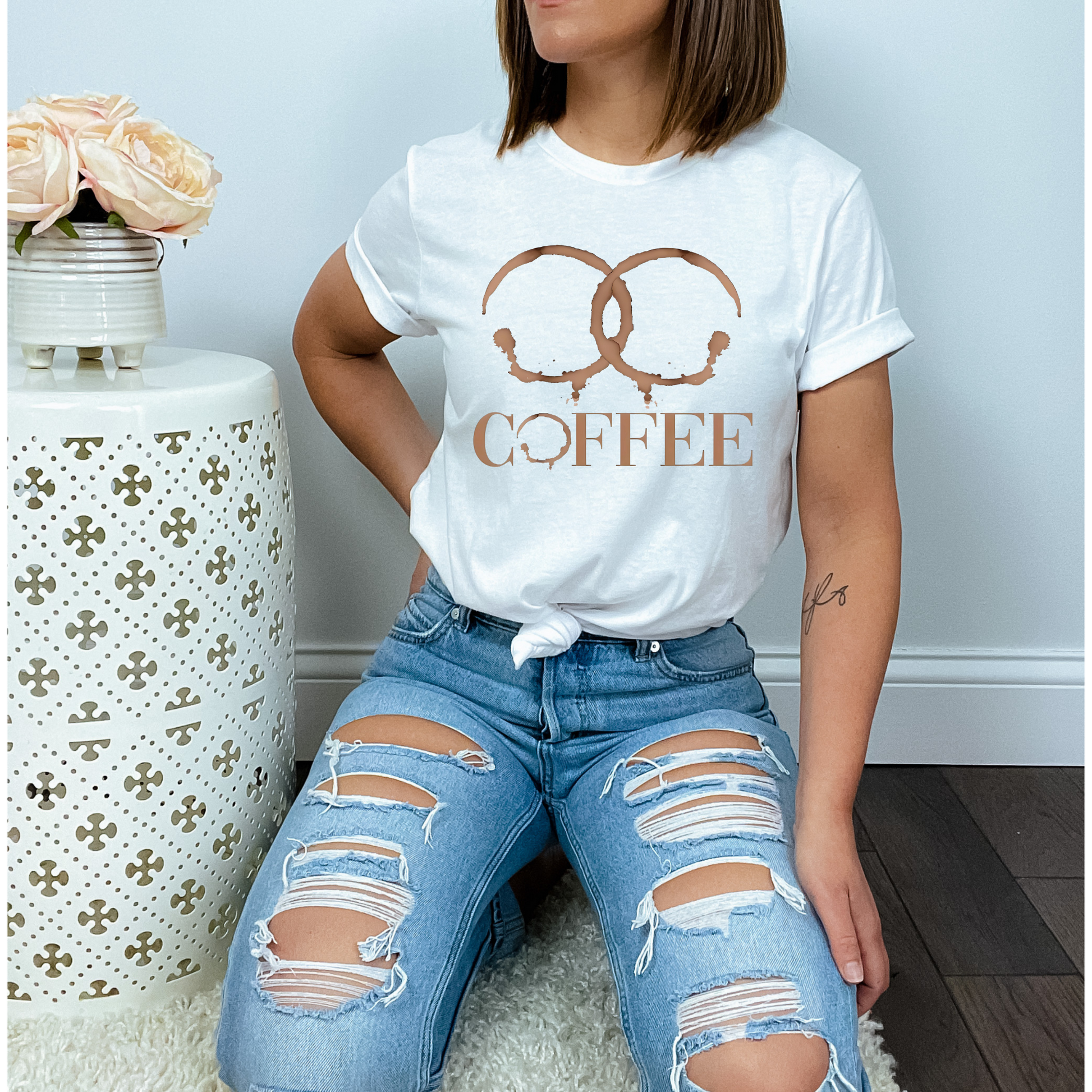 Coffee Ring Stain Look White T Shirt 