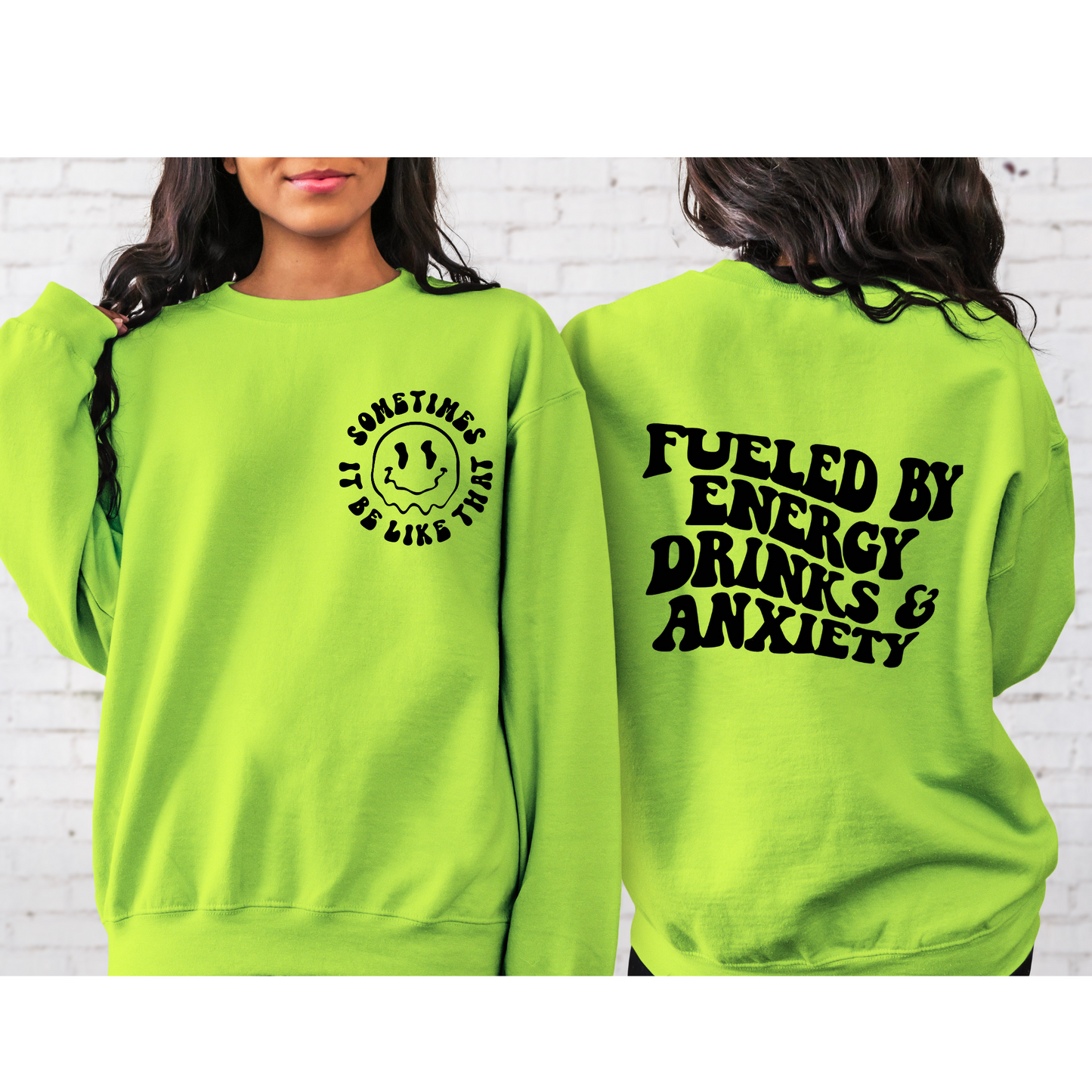 Fueled by Energy Drinks and Anxiety Retro Crewneck Sweatshirt Green