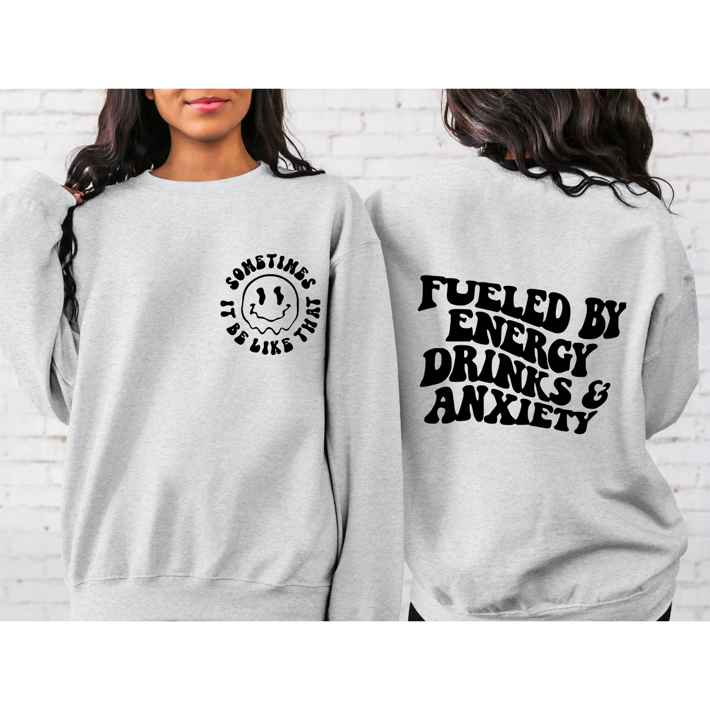 Fueled by Energy Drinks and Anxiety Retro Crewneck Sweatshirt grey