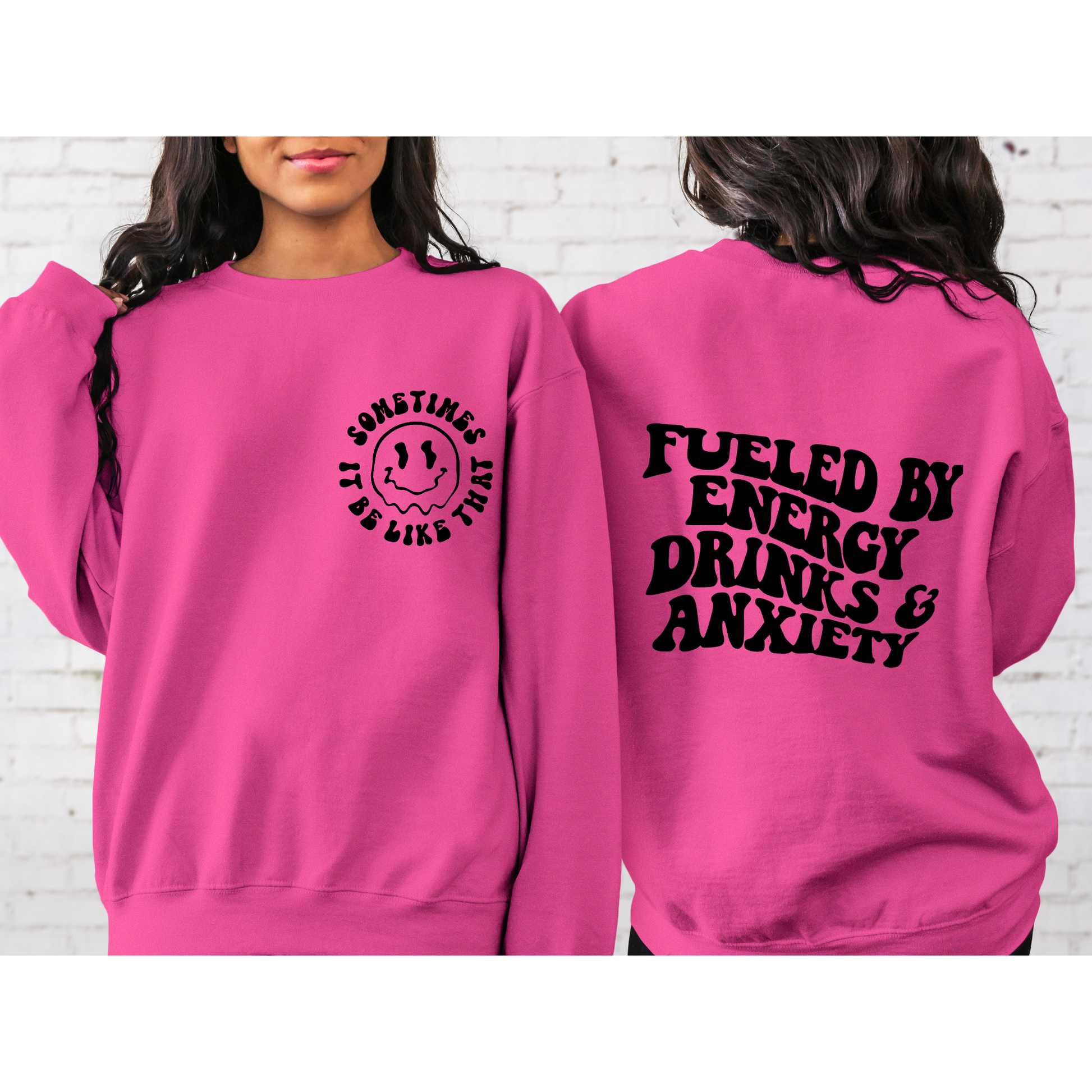 Fueled by Energy Drinks and Anxiety Retro Crewneck Sweatshirt Pink