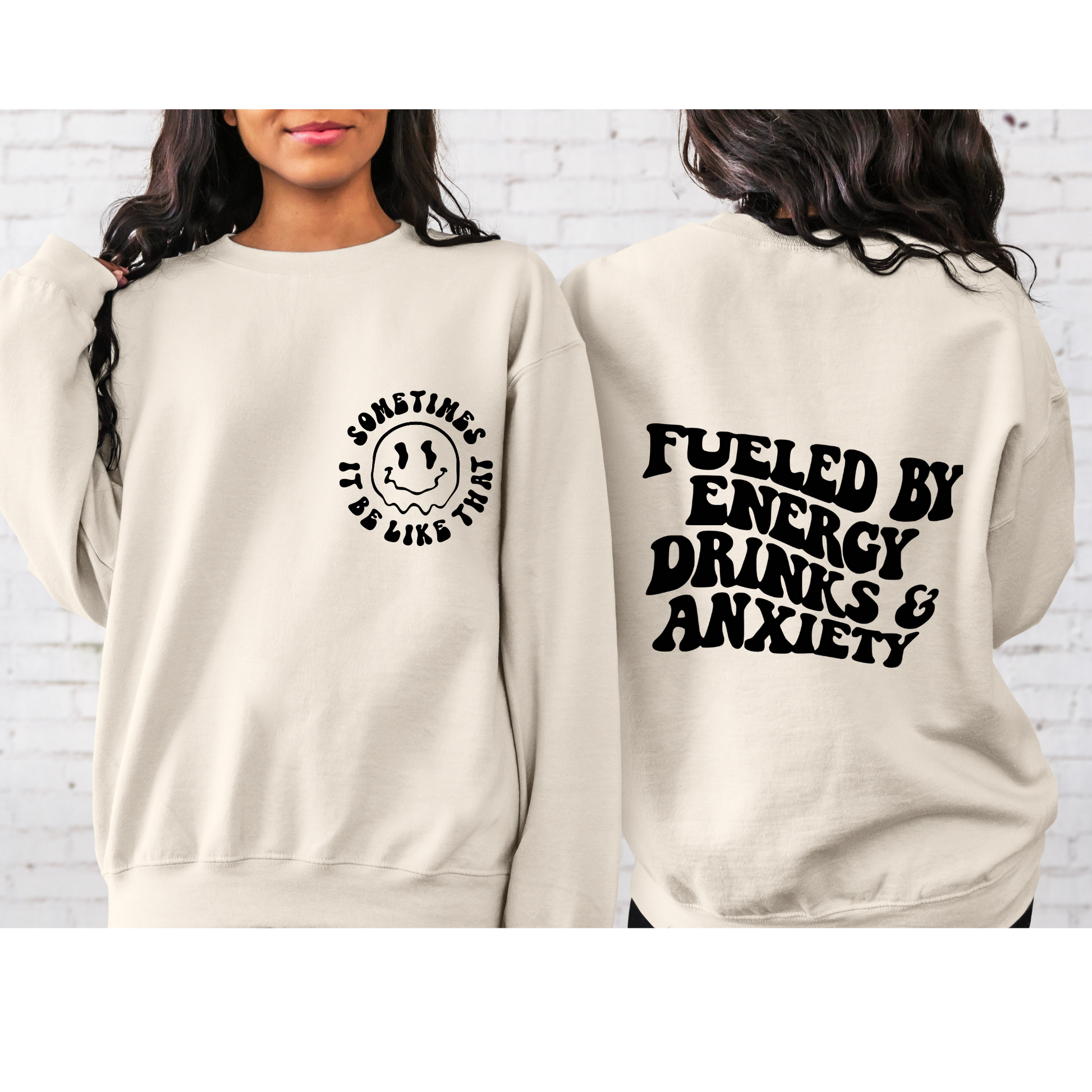 Fueled by Energy Drinks and Anxiety Retro Crewneck Sweatshirt Sand