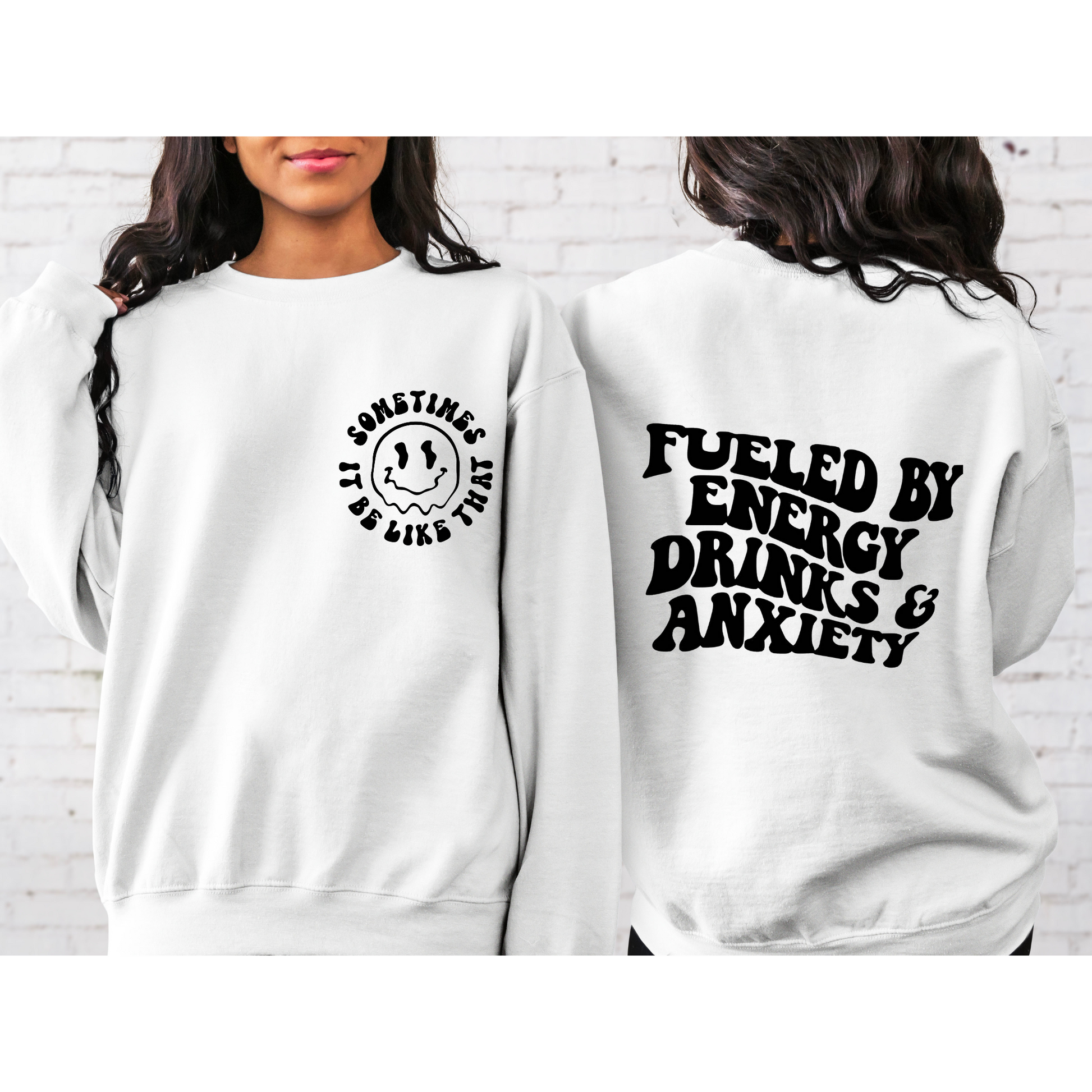Fueled by Energy Drinks and Anxiety Retro Crewneck Sweatshirt White