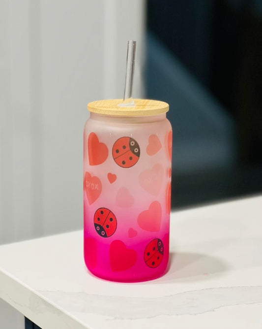 Pink Ombre Ladybug Frosted Glass Can With Bamboo Lid and Glass Straw