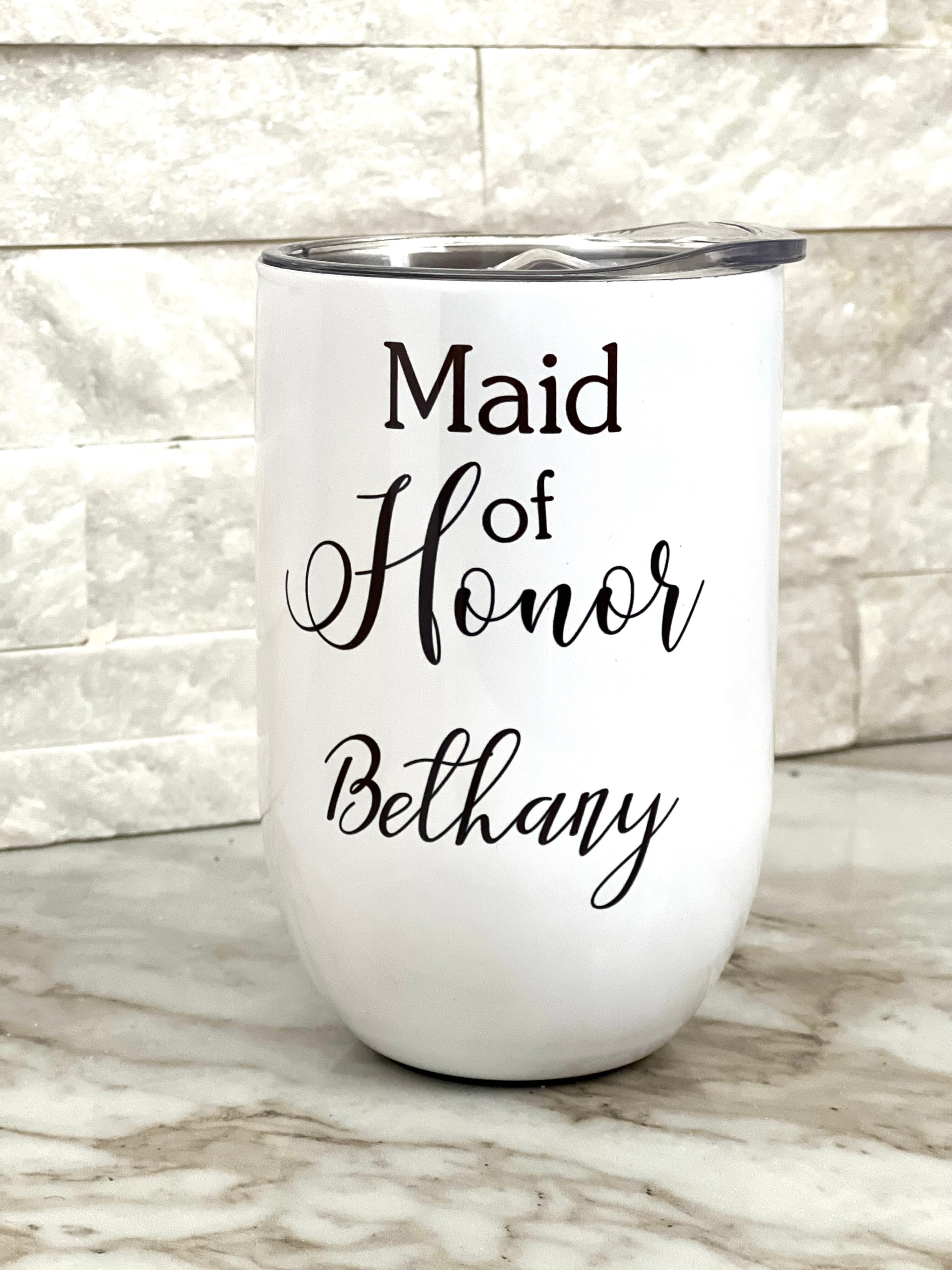 We know how important and special it is to gift the maid of honour a unique gift that she can keep forever. That's why, we've got you covered with our personalization-friendly wine tumbler! A white  wine tumbler in its form and function, this can be personalized with your maid of honours' name. Great for serving wine out of as well as storing your favourite drink, this tumbler comes highly recommended by us.
