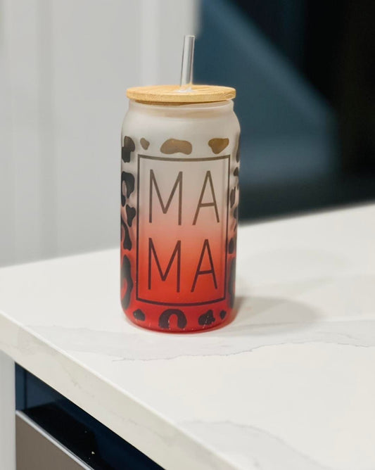 Mama Red Ombre Frosted Glass Can with Bamboo Lid and Glass Straw