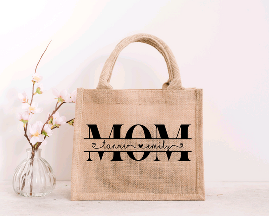 'Mom' Jute Burlap Tote Bag Personalized with kids names