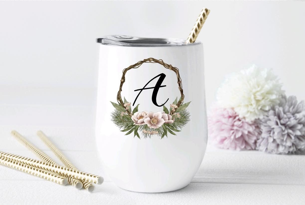 Personalized Monogram Insulated Wine Tumbler with Lid and Metal Straw