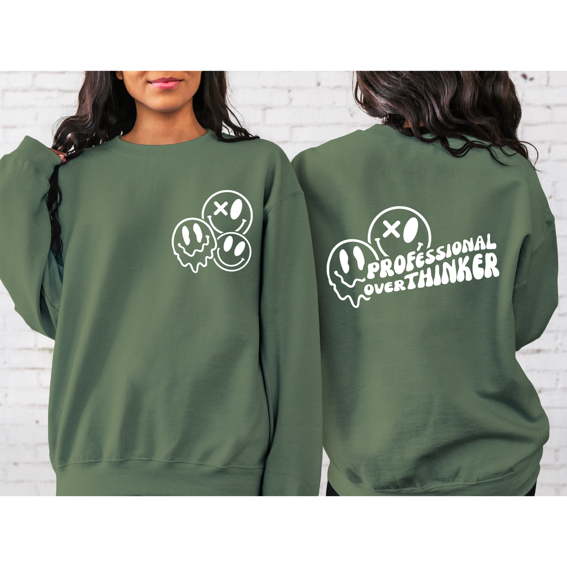 Professional Over Thinker Smiley Face Crewneck Sweatshirt Military Green