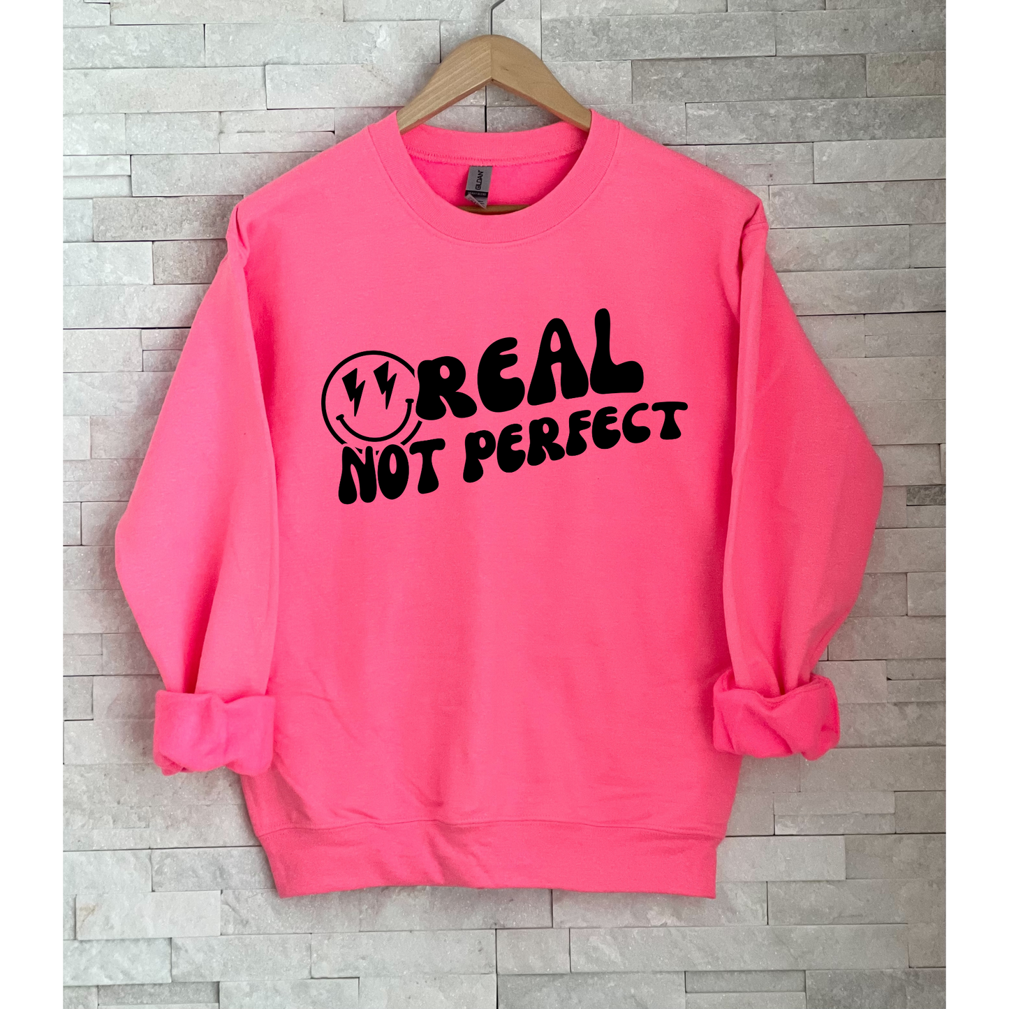 Real, Not Perfect Crewneck Sweatshirt hot pink