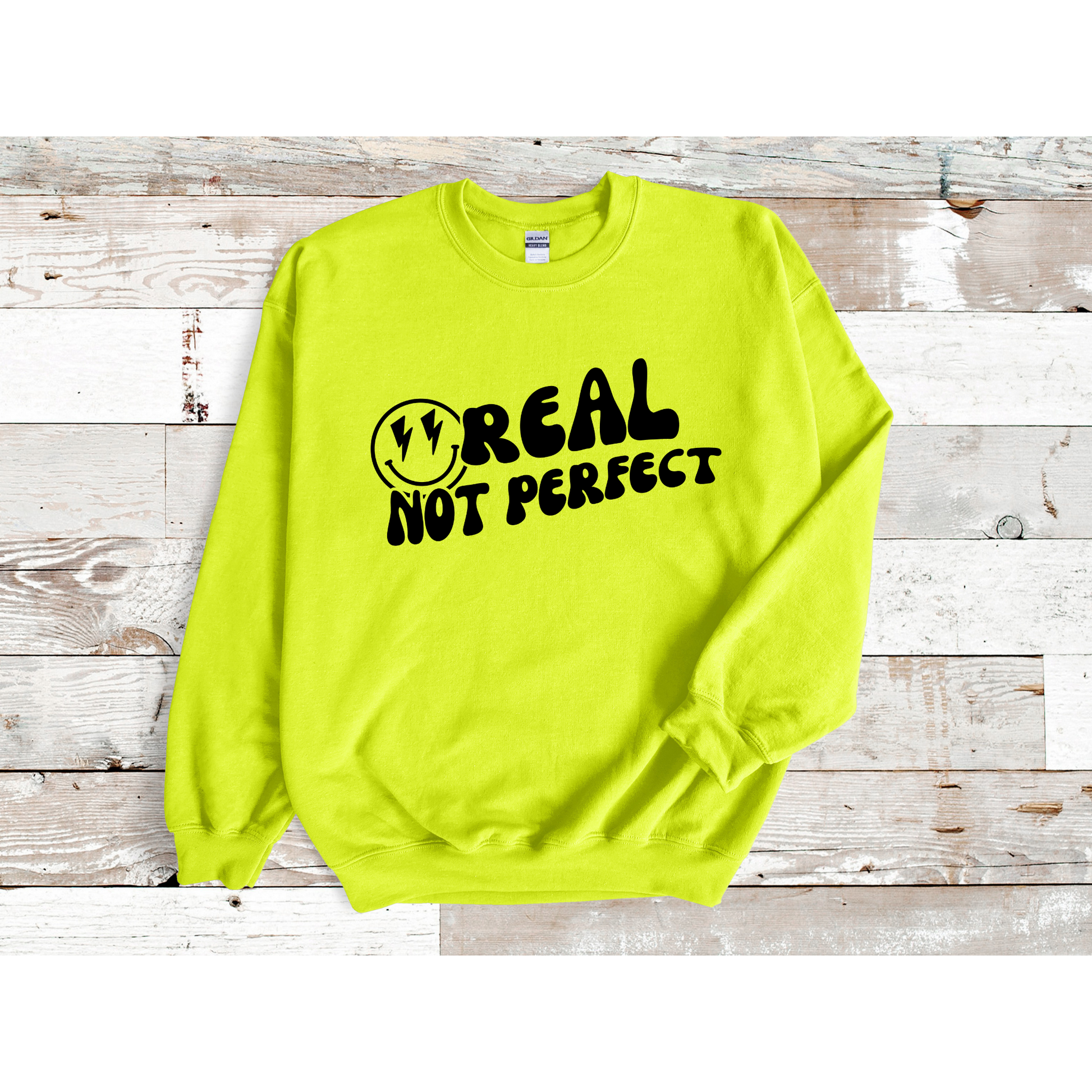 Real, Not Perfect Crewneck Sweatshirt neon green