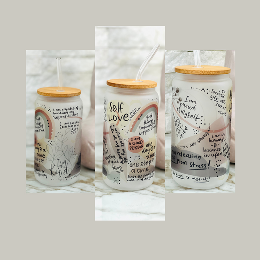 Self Love Affirmations Glass Can with Bamboo Lid and Glass Straw