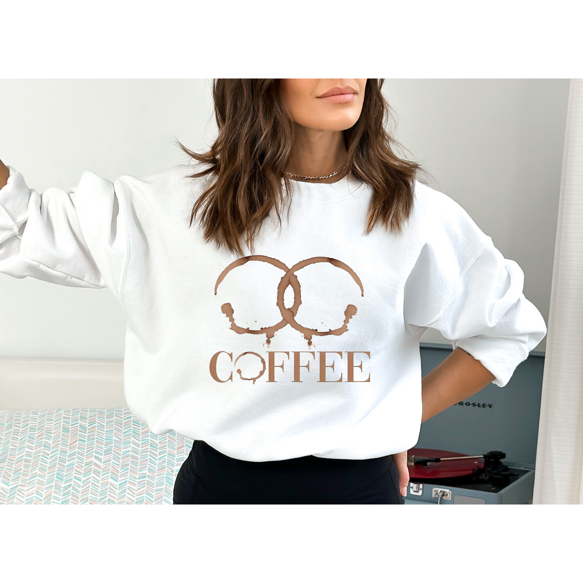 Coffee Ring Stained Look White Crewneck Sweatshirt