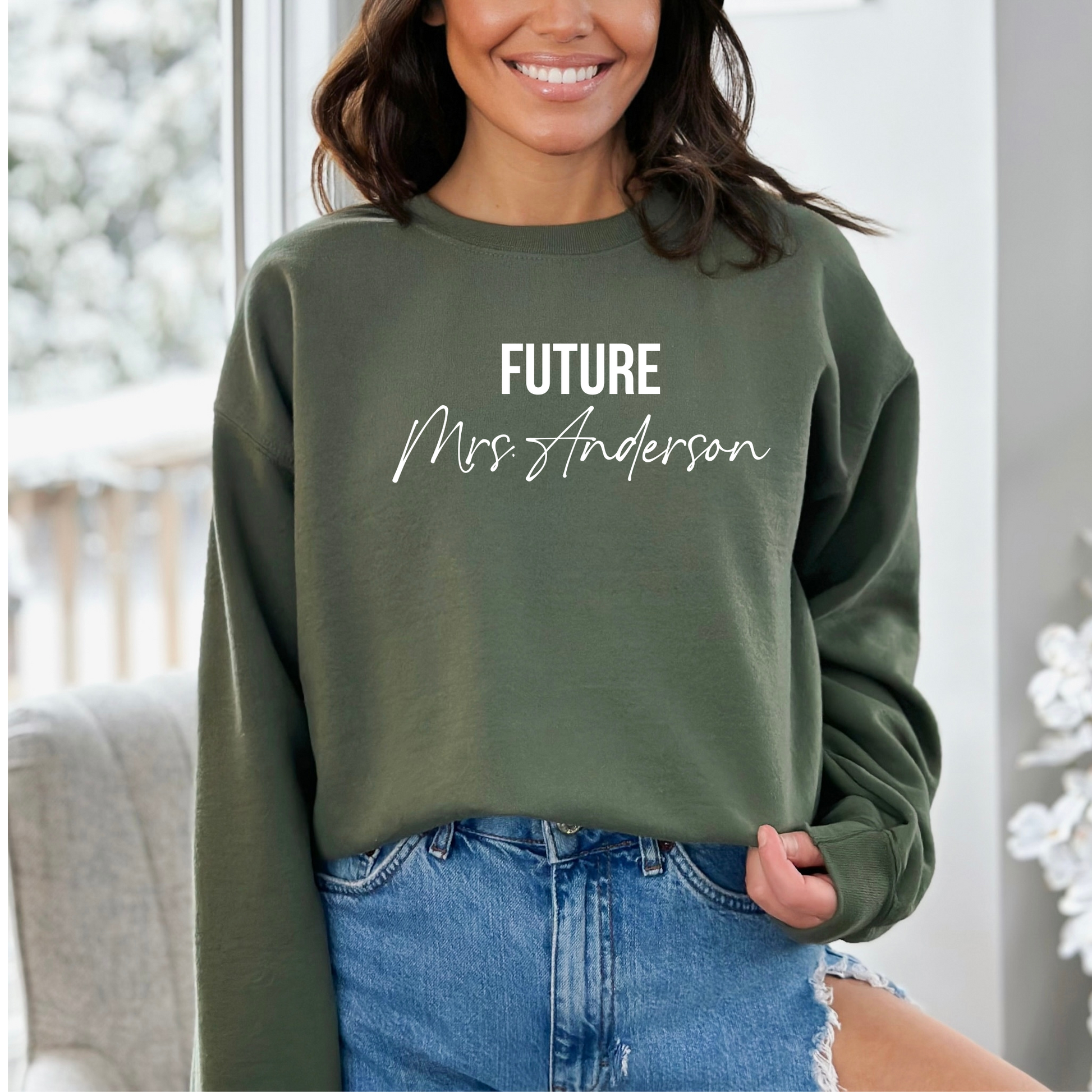 Future Mrs. Personalized Custom Crewneck Sweatshirt Military Green White lettering