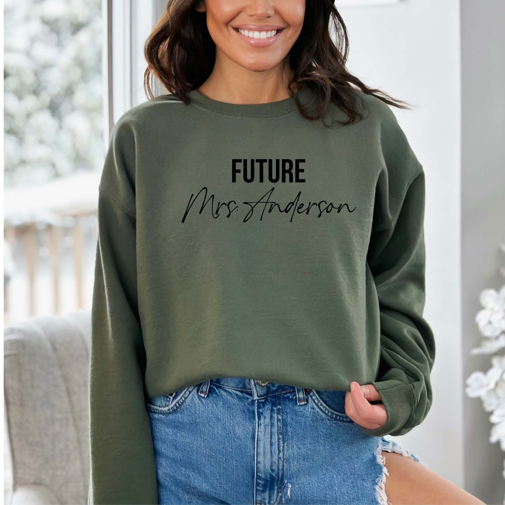 Future Mrs. Personalized Custom Crewneck Sweatshirt Military Green Black Lettering